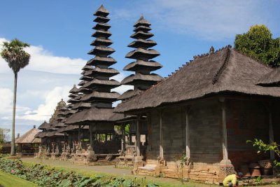 Eleven-tiered meru temple structures. There are laws of traditional Balinese architecture that specify how they must be built.