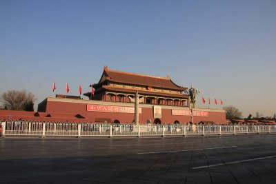 View of Tian'anmen Tower which was constructed in 1420. It sits on a platform with five archway entrances.