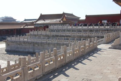 Elaborate, labyrinth-like stone walls near the Gate of Preserved Harmony forming the Inner Golden Water River Bridges.