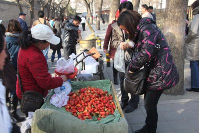 Woman buying fresh strawberries.