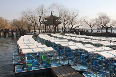 Small tourist boats docked at Kunming Lake.  They were not in service yet, since it was March.