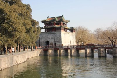 The Culture Pavilion with the red Seventeen-Arch Bridge on Kunming Lake at the Summer Palace.