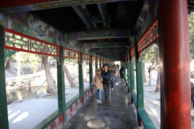 The 728-meter long corridor was designed to connect parts of the garden.  The interior of it is beautifully carved and painted.