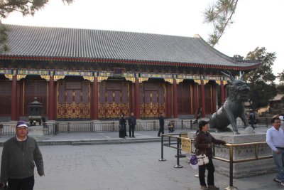 The Hall of Benevolence and Longevity with a bronze Qilin statue in front.