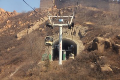 The cable car goes into the tunnel where you get off to see the Great Wall.