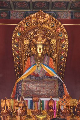 This magnificent Buddha in the hall is enshrined in gold and silk.