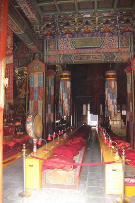 Pews inside the Hall of the Dharma Wheel.