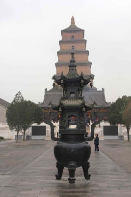 A large metal urn in front of the Wild Goose Pagoda in Xian.