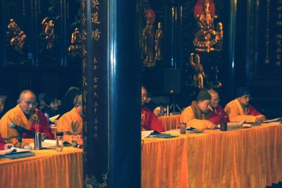 Monks inside the pagoda.