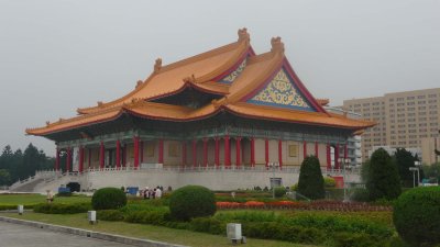 Side view of the National Concert Hall with flowers.