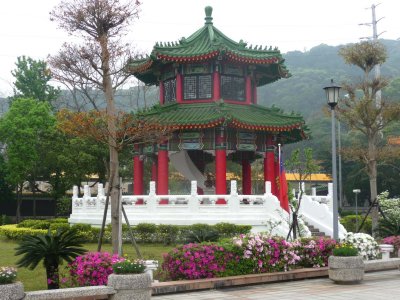 Chinese gazebo-like structure at the Martyrs' Shrine with azaleas blooming.