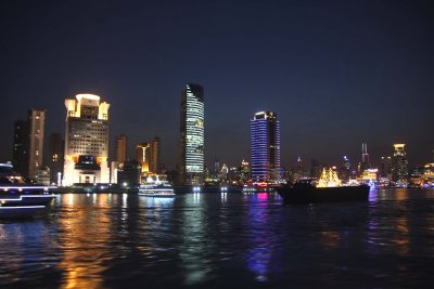 View of the illuminated skyline of the Pudong district, which has the tallest buildings in Shanghai.