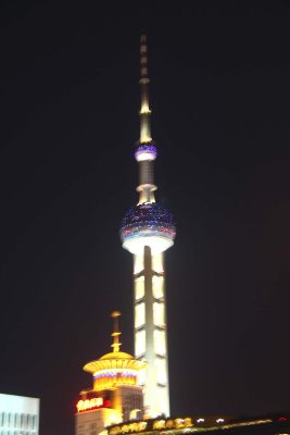 Close-up view of the Oriental Pearl Tower from the cruise ship.