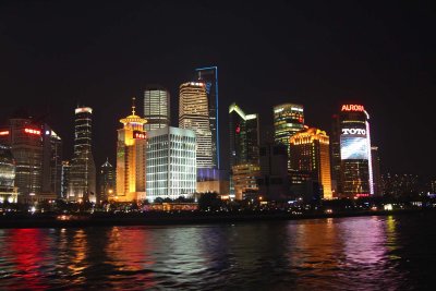 Pudong skyline view with buildings reflecting on on the Huangpu River.
