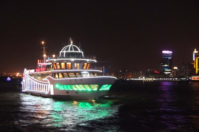 An illuminated cruise ship coming towards the one that I was on.