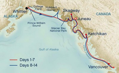 Map showing the cruise route with the star indicating Juneau.