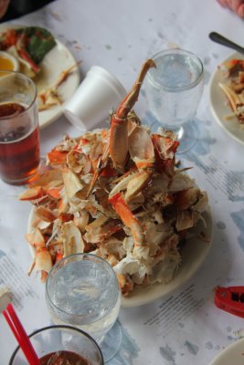 Crabs shells piled up after our Dungeness crab luncheon. Whoever had the highest pile had to dance (I'm glad we lost)!