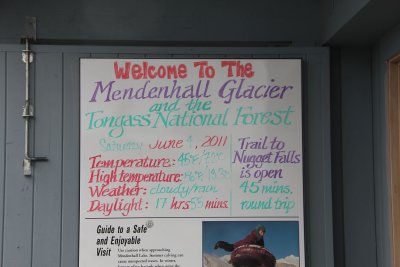 Sign for the Mendenhall Glacier located in Tongass National Park outside of Juneau.