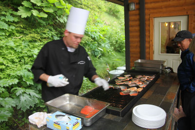 The chef was grilling some fresh salmon steaks caught in Stephens Passage.