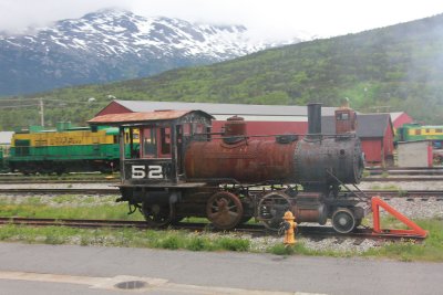 An ancient steam locomotive. The White Pass trains use modern diesel locomotives, today.