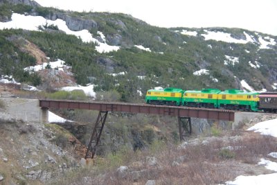 The locomotive of our train crossing the bridge.