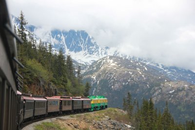 View of magnificent snow-peaked mountains as the train headed back to Skagway.