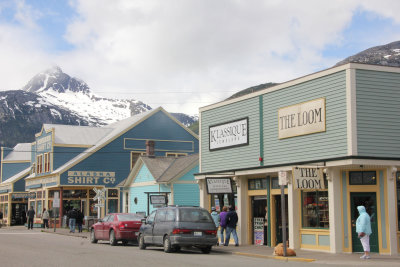 View of some of the shops on Broadway in Skagway.