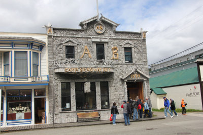 Camp Skagway is one of many tourist shops on Broadway. Built in 1899, The entire front of is faced with pieces of driftwood.