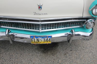 Close-up of the grill of the car showing the Ford logo.