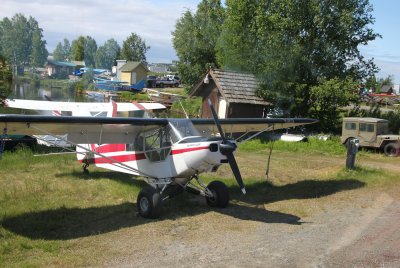 A small two-person airplane in Anchorage.