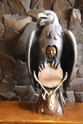 An unusual native Alaskan sculpture in the lobby of the Captain Cook Hotel.