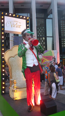 This man was blowing his plastic trumpet to announce the World of Victor (the mascot of the Just for Laughs festival).