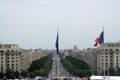 View from the balcony of the Royal Palace looking down on the fountains of Unirii Boulevard.