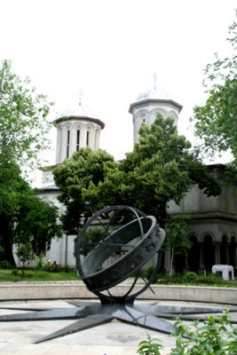 Modern sculpture in front of a church in Bucharest.