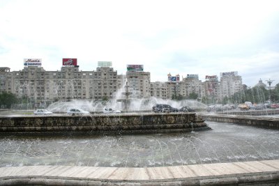 The fountains of Unirii Square (the largest square in Bucharest).