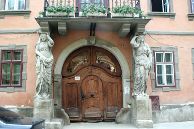 Doorway of a house with cariatides (1786) in Sibiu.