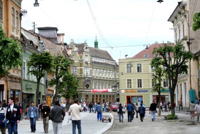 Main pedestrian street in Old Town section of Sibiu.