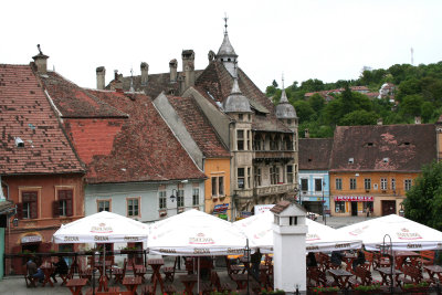 View of buildings in the Lower Town section of Sighisoara.