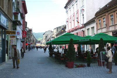 Pedestrian shopping street leading towards Council Square.