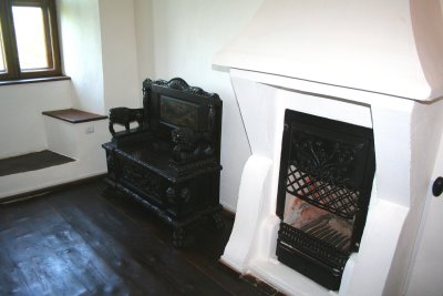 Interior shot of Bran Castle with fireplace.