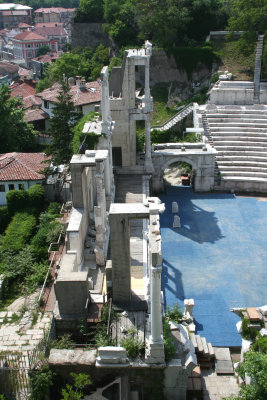 A vertical shot looking down at the Philippopolis Amphitheatre.