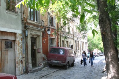 A typical shady cobblestone street in Old Town.