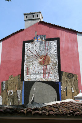 Modern art mural in Plovdiv's Old Town.