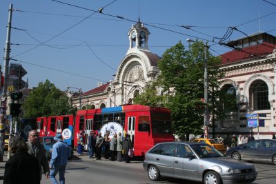 Trolley car in front of Sofia's oldest shopping mall (Tsenttralni Hali).