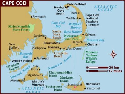 Map of Cape Cod, Massachusetts with the star indicating Nantucket.