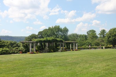 View of the pergola, an Italianate structure with a view of the Hudson River and 500-foot-high Palisades on the opposite shore.