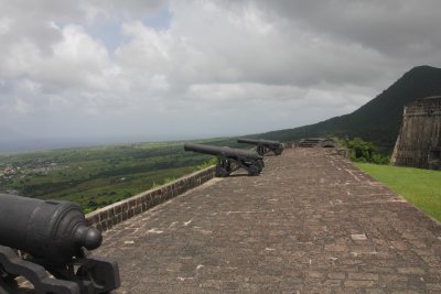 Defensive cannons overlooking the forest-covered mountains, cultivated fields and the historical township of Sandy Point.