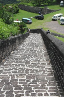 The steep path and steps going down from the Brimstone Hill Fortress.