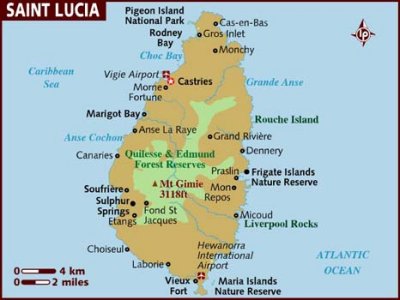 Map of Saint Lucia with the flag indicating Castries.