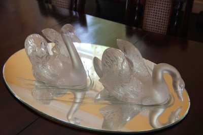 There are many exquisite crystal glass pieces in St. Marks such as these swans. They are a centerpiece on the dining room table.